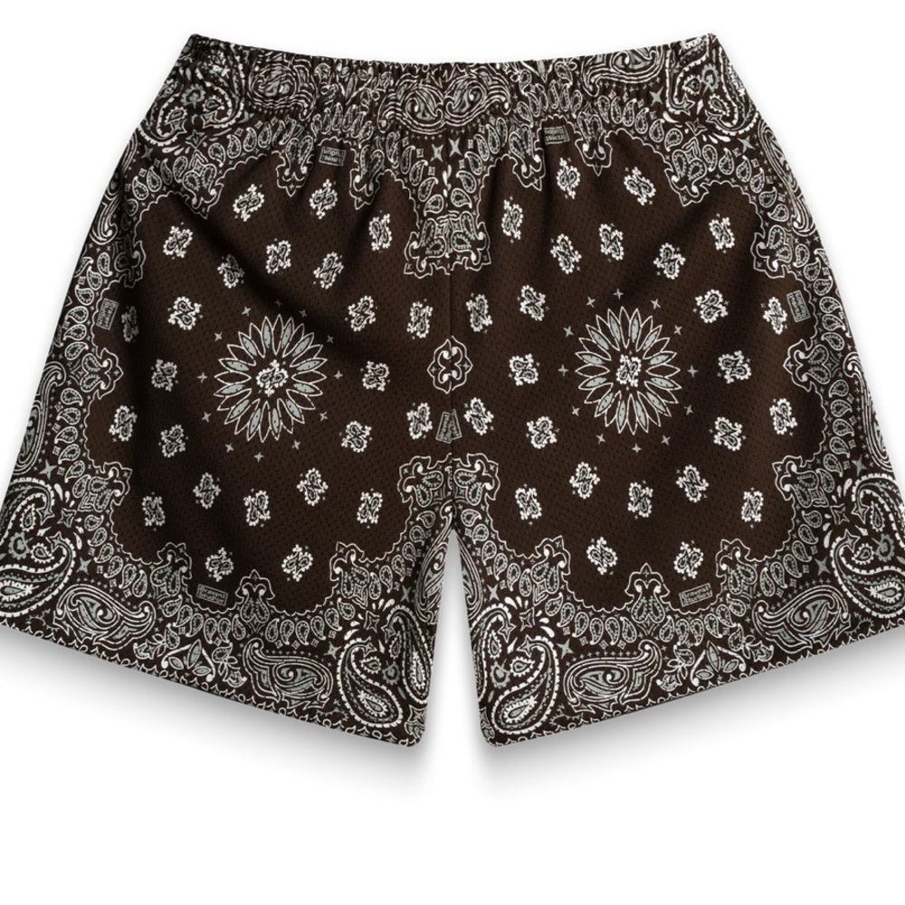 SCREENPRINTED PAISLEY TWO-TONE BROWN SHORTS - Picture 2 of 6